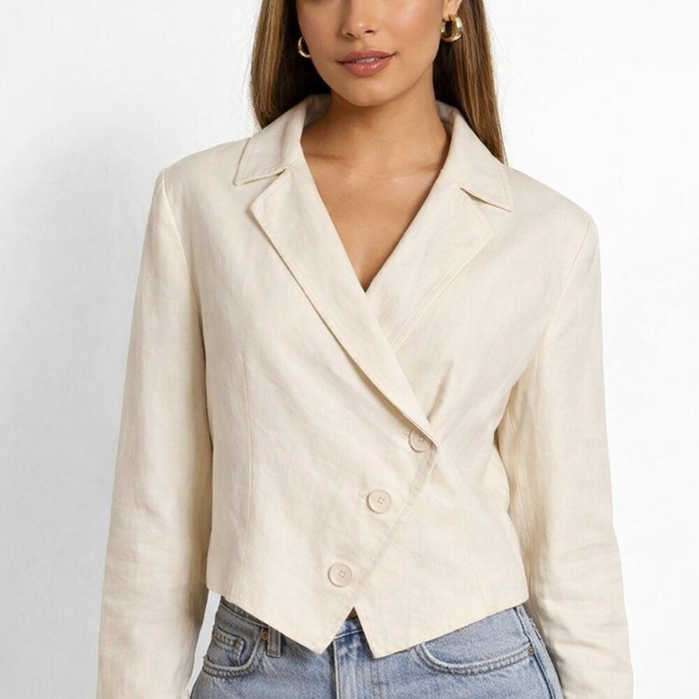 Neiman Marcus Soft Cream Cropped Double-Breasted Blazer